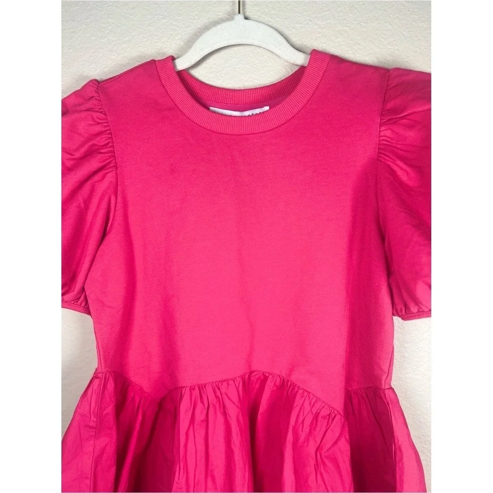 English Factory Mixed‎ Media Puff Sleeve Peplum Top Pink XS NWT Crewneck Blouse